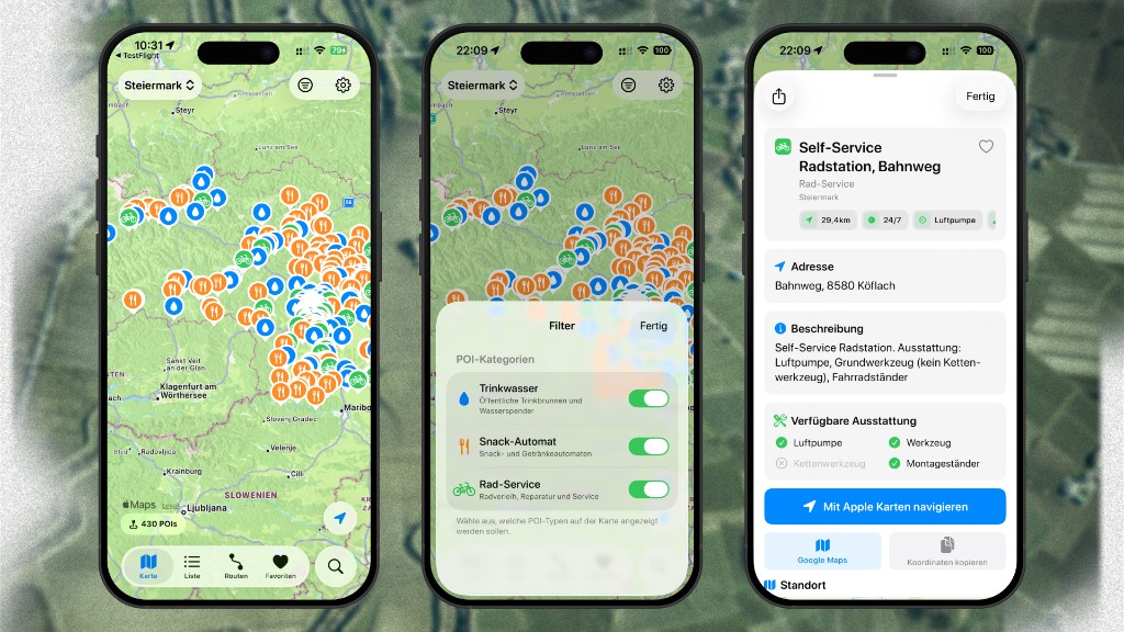 Velorino App – Karte, Filter und POI-Details